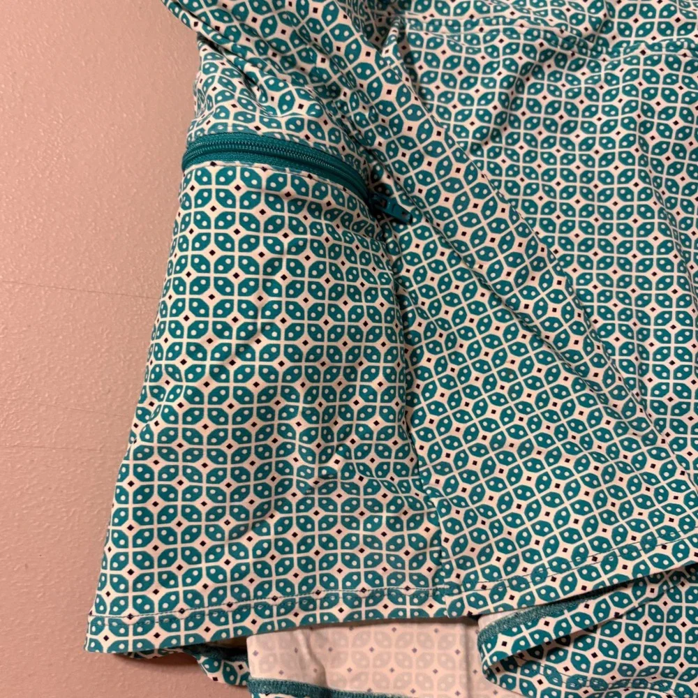 Beach House Teal Geometric Print Swim Skort Side Pocket Sz 14 Pickleball Tennis